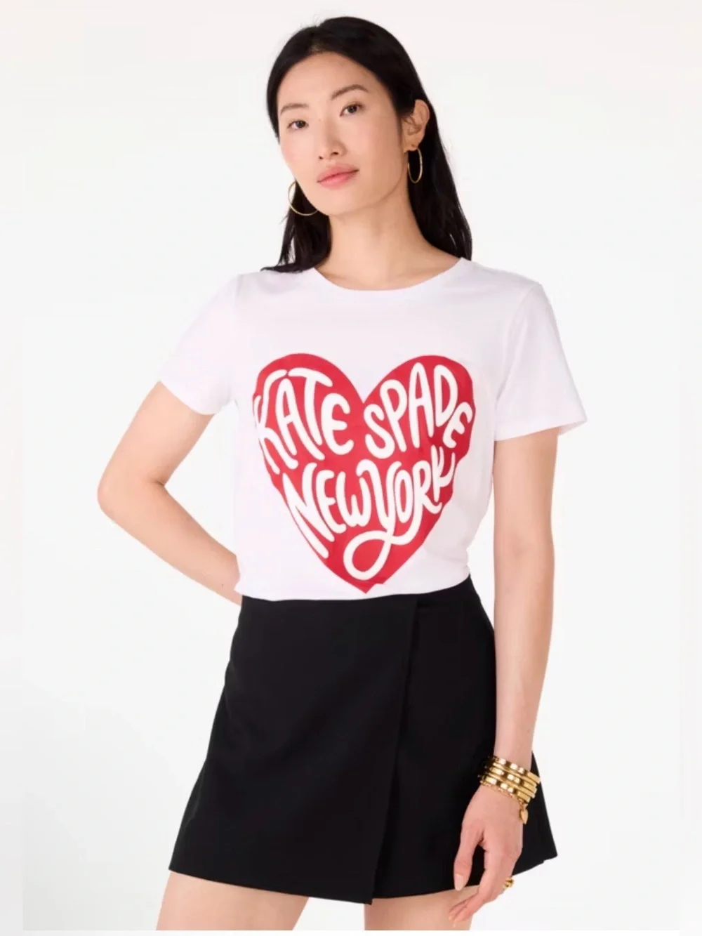 kate spade Valentines Logo Tee in White Crewneck Top with Red Heart Cotton